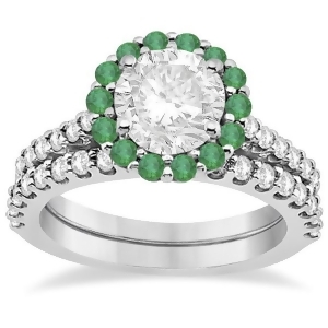 Halo Diamond and Emerald Bridal Engagement Ring Set 18K White Gold 1.12ct - All
