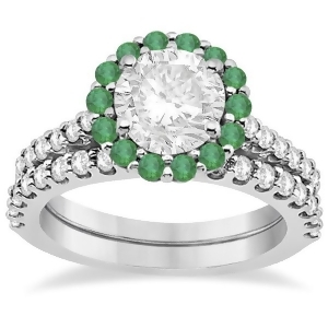 Halo Diamond and Emerald Bridal Engagement Ring Set Platinum 1.12ct - All