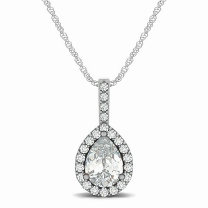 Pear Shape Diamond Halo Pendant Necklace 14k White Gold 1.25ct - All