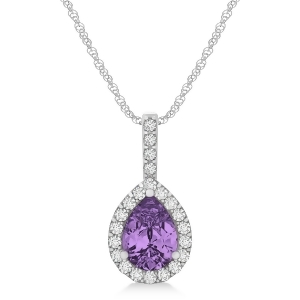 Pear Shape Diamond and Amethyst Halo Pendant 14k White Gold 1.25ct - All