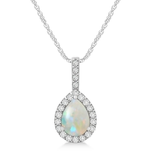 Pear Shape Diamond and Opal Halo Pendant 14k White Gold 1.25ct - All