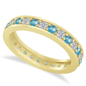 Diamond and Blue Topaz Eternity Wedding Band 14k Yellow Gold 1.08ct - All
