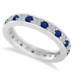 Diamond and Blue Sapphire Eternity Wedding Band 14k White Gold 1.08ct - All