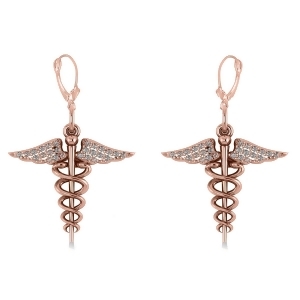 Diamond Caduceus Medical Symbol Dangle Earrings 14k Rose Gold 0.26ct - All