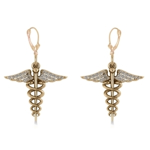 Diamond Caduceus Medical Symbol Dangle Earrings 14k Yellow Gold 0.26ct - All