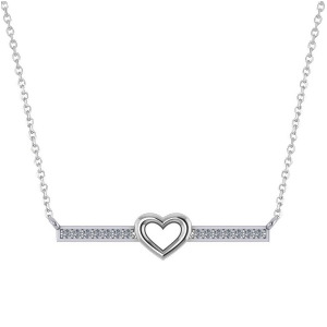 Diamond Bar Pendant Necklace w/Heart 14K White Gold 0.21ct - All