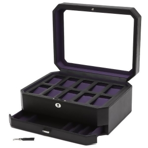 Wolf Windsor Ten Piece Watch Box w/ Drawer in Black/Purple Faux Leather - All