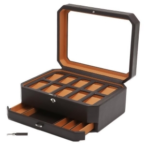 Wolf Windsor Ten Piece Watch Box w/ Drawer in Brown/Orange Faux Leather - All