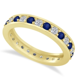 Diamond and Blue Sapphire Eternity Wedding Band 14k Yellow Gold 1.08ct - All