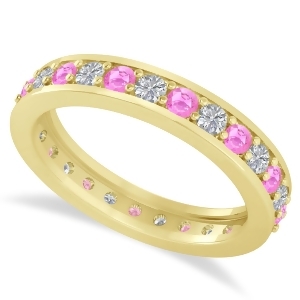Diamond and Pink Sapphire Eternity Wedding Band 14k Yellow Gold 1.08ct - All