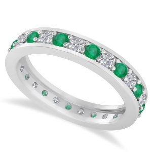 Diamond and Emerald Eternity Wedding Band 14k White Gold 1.08ct - All