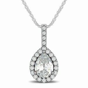 Pear Shape Diamond Halo Pendant Necklace 14k White Gold 2.20ct - All