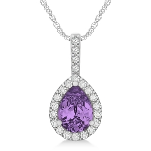 Pear Shape Diamond and Amethyst Halo Pendant 14k White Gold 2.20ct - All