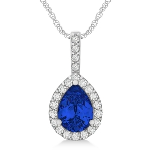 Pear Shape Diamond and Blue Sapphire Halo Pendant 14k White Gold 2.20ct - All