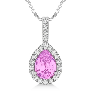 Pear Shape Diamond and Pink Sapphire Halo Pendant 14k White Gold 2.20ct - All