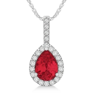 Pear Shape Diamond and Ruby Halo Pendant 14k White Gold 2.20ct - All