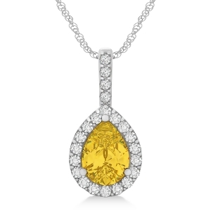 Pear Shape Diamond and Yellow Sapphire Halo Pendant 14k White Gold 2.20ct - All