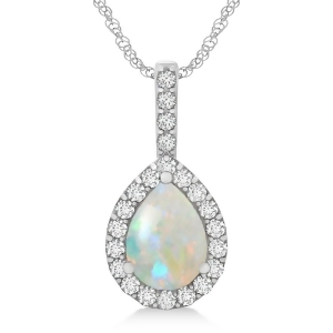 Pear Shape Diamond and Opal Halo Pendant 14k White Gold 2.20ct - All