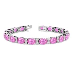 Diamond and Oval Cut Pink Sapphire Tennis Bracelet 14k White Gold 13.62ct - All
