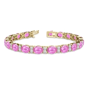 Diamond and Oval Cut Pink Sapphire Tennis Bracelet 14k Yellow Gold 13.62ct - All