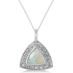 Opal Trillion Cut Halo Pendant Necklace 14k White Gold 1.11ct - All