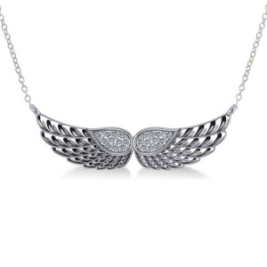 Diamond Angel Wings Pendant Necklace 14k White Gold 0.11ct - All
