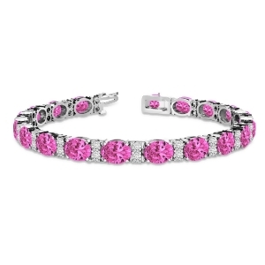 Diamond and Oval Cut Pink Tourmaline Tennis Bracelet 14k W Gold 13.62ct - All