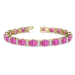 Diamond and Oval Cut Pink Tourmaline Tennis Bracelet 14k Y Gold 13.62ct - All
