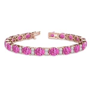 Diamond and Oval Cut Pink Tourmaline Tennis Bracelet 14k R Gold 13.62ct - All