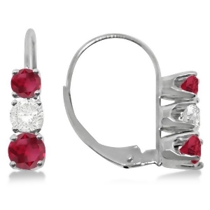 Three-stone Leverback Diamond and Ruby Earrings 14k White Gold 1.00ct - All