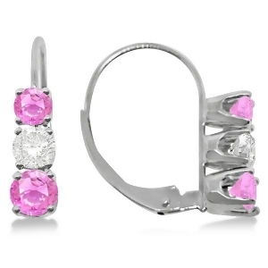 Three-stone Leverback Diamond and Pink Sapphire Earrings 14k White Gold 1.00ct - All
