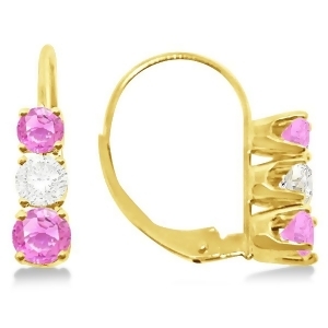 Three-stone Leverback Diamond and Pink Sapphire Earrings 14k Yellow Gold 1.00ct - All