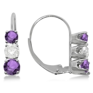 Three-stone Leverback Diamond and Amethyst Earrings 14k White Gold 2.00ct - All