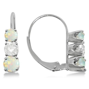 Three-stone Leverback Diamond and Opal Earrings 14k White Gold 2.00ct - All