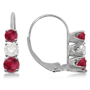 Three-stone Leverback Diamond and Ruby Earrings 14k White Gold 2.00ct - All