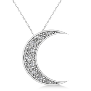 Diamond Crescent Moon Pendant Necklace 14K White Gold 0.15ct - All