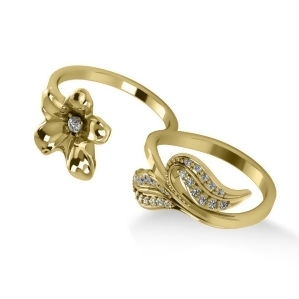 Diamond Floral Leaf Two Finger Ring 14k Yellow Gold 0.28ct - All