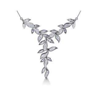 Diamond Vine Leaf Pendant Necklace 14k White Gold 0.60ct - All