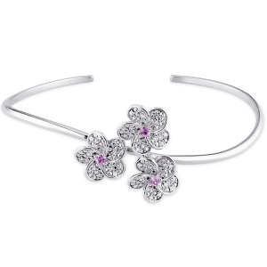 Floral Pink Sapphire and Diamond Cuff Bracelet 14k White Gold 0.45ct - All