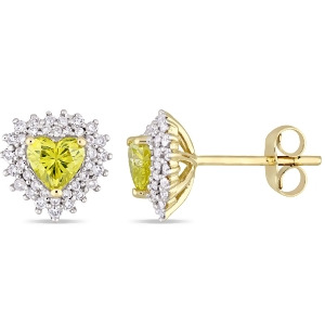 Halo Heart Yellow and White Diamond Earrings 14k Yellow Gold 1.00ct - All