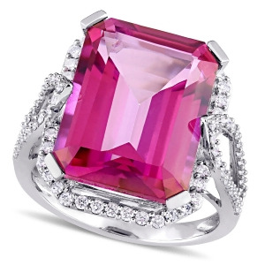 Emerald Cut Pink Topaz and Diamond Fashion Ring 14k White Gold 15.00ct - All