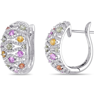 Multicolored Sapphire and Diamond Hoop Earrings 14k White Gold 2.59ct - All