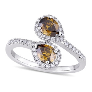 Pear Cognac and White Diamond Bypass Ring 14k White Gold 1.00ct - All