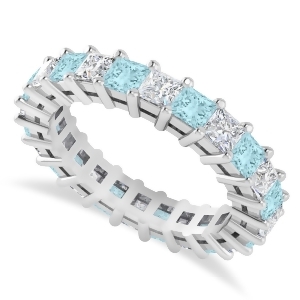 Princess Diamond and Aquamarine Wedding Band 14k White Gold 3.12ct - All