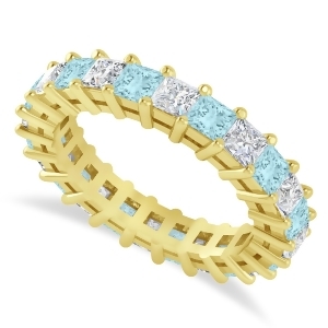 Princess Diamond and Aquamarine Wedding Band 14k Yellow Gold 3.12ct - All