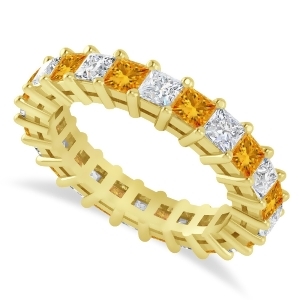Princess Diamond and Citrine Wedding Band 14k Yellow Gold 3.12ct - All