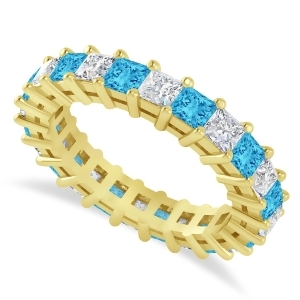 Princess Diamond and Blue Topaz Wedding Band 14k Yellow Gold 3.12ct - All