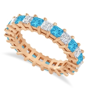 Princess Diamond and Blue Topaz Wedding Band 14k Rose Gold 3.12ct - All