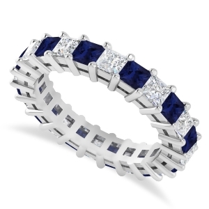 Princess Diamond and Blue Sapphire Wedding Band 14k White Gold 3.12ct - All