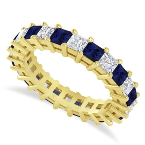 Princess Diamond and Blue Sapphire Wedding Band 14k Yellow Gold 3.12ct - All